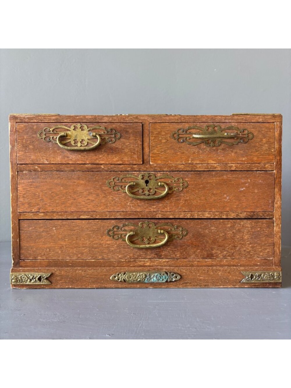 Vintage Asian Wooden Jewelry Box Chest Multi-Drawer Brass Tansu-Style Storage